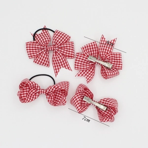 Set di fiocchi per capelli vichy rossi e bianchi con fermagli ed elastici da 8 cm e 7 cm