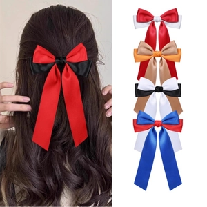 Sweet Satin Two-Tone Ribbon Bow Hair Clip Large Long Tail Bowknot Crocodile Clip Hairpin Women Elegant Hair Accessories