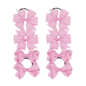 Set di 8 fermagli per capelli a fiocco rosa a scacchi per donne in stile francese