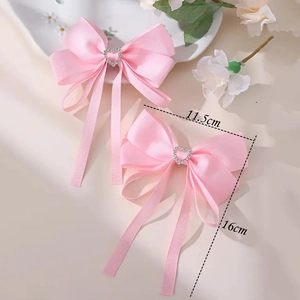 Barrettes à nœuds en ruban gros-grain rose avec strass en forme de cœur, lot de deux