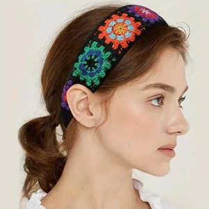 Bohemian crochet headband for women with vintage floral knit patterns in multi-color