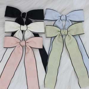 French style ribbon bow hair clips set with floral jacquard texture and long streamers