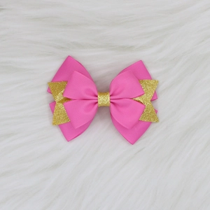 Barrette à cheveux à trois couches en ruban gros-grain fuchsia et paillettes dorées