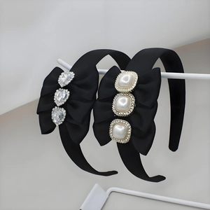 French Vintage Satin Padded Headband Large Bow Heart Rhinestone Square Faux Artificial Pearl Hair Band Women Elegant Hair Accessories