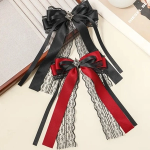 Elegant black and red lace bow hair clips with gothic vintage style and rhinestones