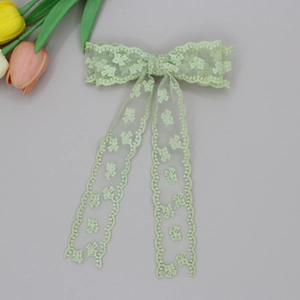 Sweet light green lace bow hair clip with floral embroidery and long ribbons
