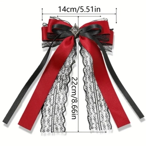 Elegant Gothic bow hair clip in red and black satin with vintage jewel and size indicators