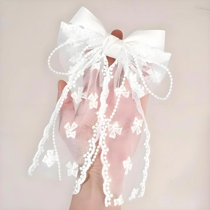 White Satin Lace Bow Hair Clip With Butterfly Embroidery Artificial Pearl Streamer French Romantic Hair Accessory For Women