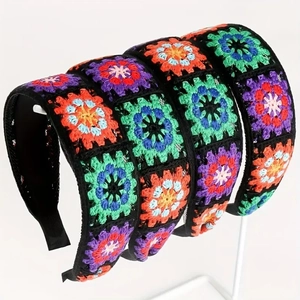 Bohemian Crocheted Floral Headband Handmade Knitted Granny Square Hairband Retro Ethnic Style Women Elegant Hair Accessories