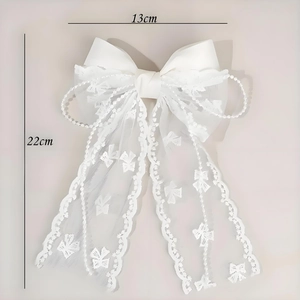 Sweet white lace bow hair clip with pearl beads and floral embroidery, 13x22cm