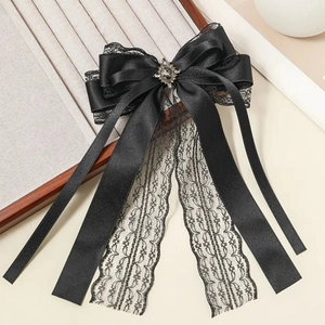 Elegant black satin ribbon hair clip with delicate lace and vintage grey gemstone center