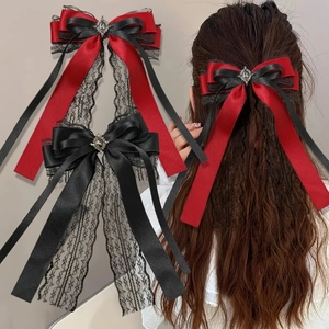 Vintage Gothic Lolita Bow Hair Clip For Women Elegant Satin Ribbon Black Lace Tassel Headpiece Handmade Rhinestone Jewelry Alligator Clip