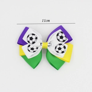 11cm Brazil Carnival soccer themed bow hair clip with purple, yellow and green ribbon