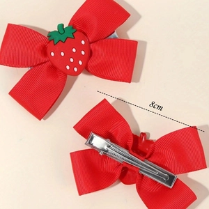 Handmade red ribbon bow hair clip with strawberry charm and silver metal duckbill clip 8cm