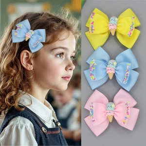 Barrettes à Cheveux Nœud Glace Enfant Ruban Gros-grain Pinces Croco Couleurs Macaron Accessoires de Coiffure Mignons pour Filles