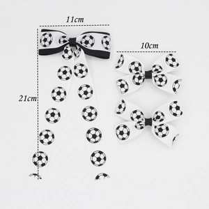 Detailed dimensions of white soccer print bow hair clips set for carnival theme