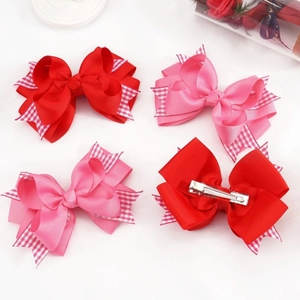 Handgefertigte Mehrlagige Ripsband Schleife Haarspange Süße Karierte Kante Entenschnabel Clip Für Mädchen Kinder Haar Accessoires