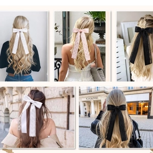 Lace double layered bow hair clips with long ribbons in white pink and black