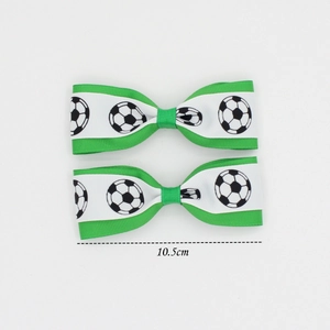 Set of two soccer bow hair clips in green and white grosgrain ribbon, 10.5cm size