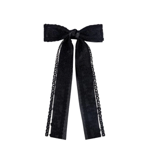 Elegant black lace double-layered bow hair clip with long ribbons on white background
