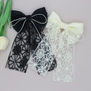 Elegant Large Lace Bow Hair Clip With Artificial Pearl Chain Satin Ribbon Hairpin Sweet French Vintage Floral Hair Accessory Women