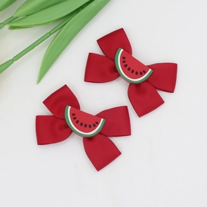 Pair of red ribbon bow hair clips with watermelon slices for girls hair accessories