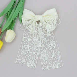 Elegant off-white lace bow hair clip with embroidery floral lace and pearls