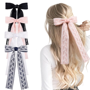Sweet Lace Double Layer Bow Hair Clip With Long Streamer Elegant Satin Ribbon Crocodile Clip Hairpin For Women Fashion Headwear
