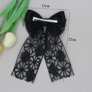 Elegant black lace and satin bow hair clip with pearls for girls, size 13cm by 22cm