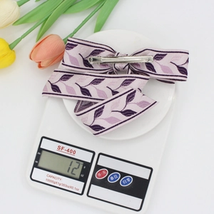 Lightweight 12g purple bow hair clip with leaf embroidery and metal duckbill clip