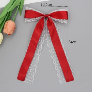 Pince à cheveux nœud en satin rouge avec dentelle blanche et rubans, 13,5x24cm