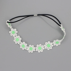 Charming white daisy water-soluble lace flower headband with green embroidery details