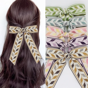 Elegante Fermaglio per Capelli con Fiocco e Ricamo a Foglia con Lunghi Nastri in Tessuto Jacquard Accessori per Capelli Donna