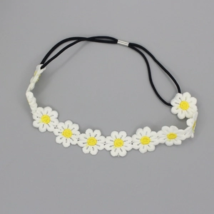 Detail of water soluble embroidered daisy lace headband with elastic black band