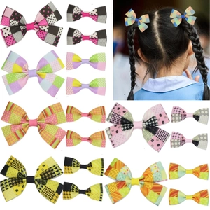 Sweet Grosgrain Ribbon Bow Hair Clips Printed Patchwork Polka Dot Plaid Alligator Clips For Girls Daily Hair Accessories