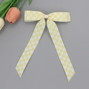 Détail d'un nœud papillon à carreaux jaunes et blancs avec de longs rubans élégants