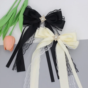 Elegant French Lace Satin Ribbon Bow Hair Clip For Women Vintage Long Streamer Rhinestone Hairpin Sweet Lolita Hair Accessories