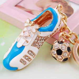 Custom blue and white football shoe keychain with sparkling rhinestones and golden chain