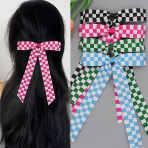 Pince à Cheveux Nœud à Damiers Avec Longs Rubans Ruban Gros-Grain Barrette Accessoire de Cheveux Doux pour Femmes Filles