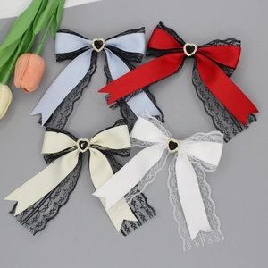 French Elegant Lace Bow Hair Clip For Women Satin Ribbon Heart Rhinestone Hairpin Gothic Lolita Hair Accessories