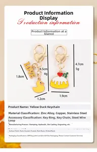 Detailed view of yellow duck keychain with LOVE charm and size measurement specifications