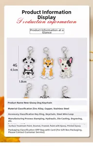 Détails du porte-clés chien montrant dimensions 4,5x1,8 cm et poids sur fond blanc