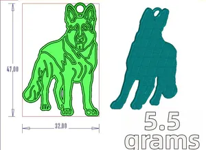 Disegno tecnico CAD 3D del ciondolo Pastore Tedesco con dimensioni 47x32mm e dettagli