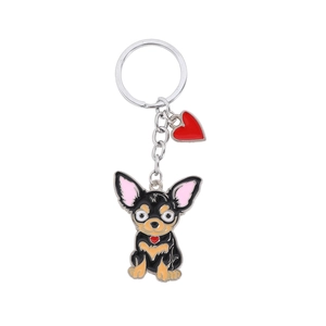 Portachiavi Chihuahua in acciaio inossidabile con ciondolo a cuore rosso e anello argento