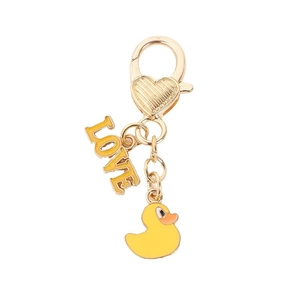 Cute golden keychain featuring a yellow enamel duck and LOVE charm with heart clasp