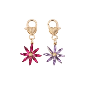Porte-clés fleur octogonale avec cristaux violets et fermoirs cœur gravés dorés