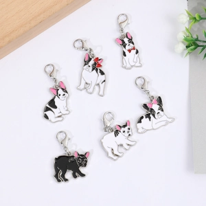 Set mit sechs Französische Bulldogge Emaille-Anhängern in verschiedenen süßen Posen
