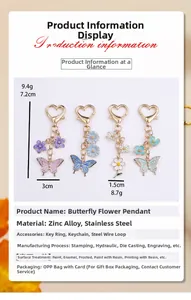 Detail showing the 7.2cm height and 9.4g weight of this butterfly heart keychain