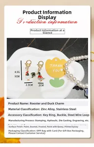 Detailed dimensions of golden alloy rooster and duck pendants with heart-shaped clasps