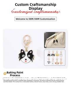 Detail of colorful cartoon dog keychains with textured enamel and heart-shaped metal clips